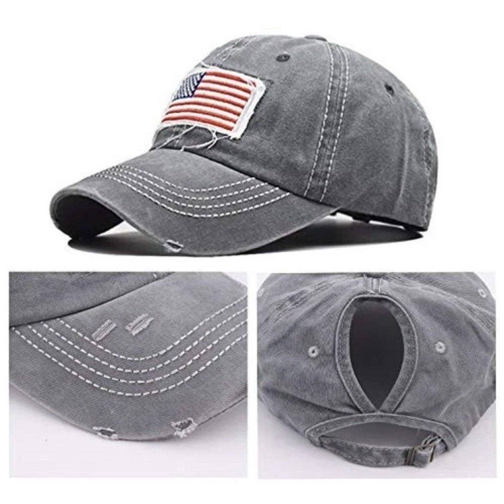 Distressed American Flag Ponytail Trucker Hat Grey White Mesh Adjustable Cap - Picture 5 of 6